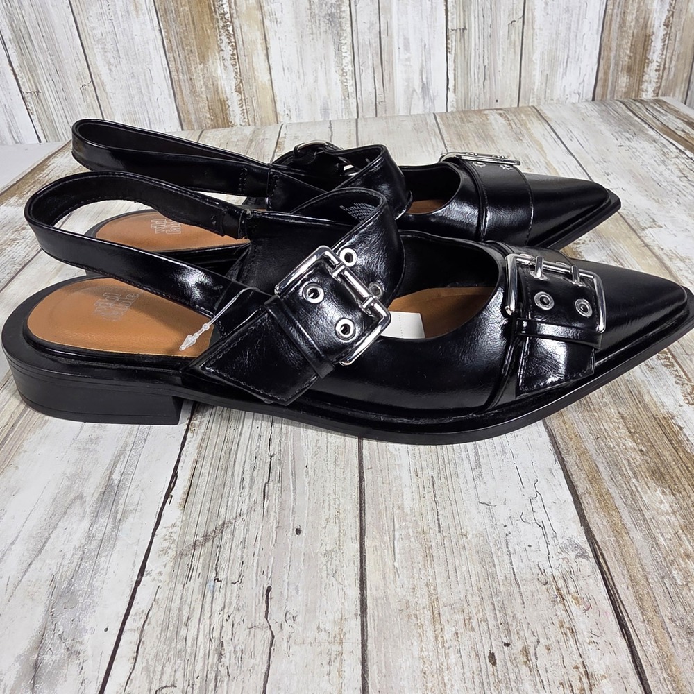 Wild Fable Black Pointed Toe Buckle Slingback Flat Grommet Punk Shoes Size 8 NWT - Picture 6 of 10